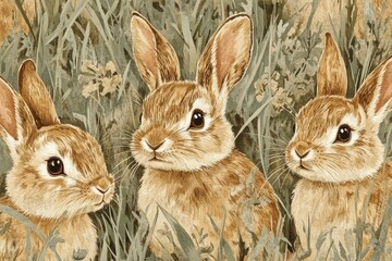 Fototapeta premium Three adorable rabbits sitting in lush green grass, surrounded by wildflowers in a serene setting