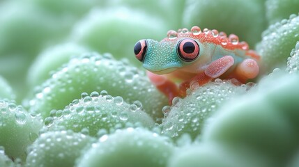 Tiny Frog on Dewy Plant