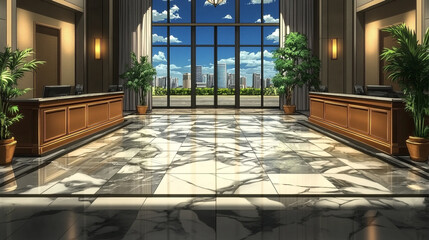 Fototapeta premium Modern Lobby with Luxurious Marble Floor, Large Windows, and Urban View in Daylight Featuring Elegant Plants and Reception Desks
