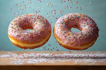 Whimsical Pink Donuts with Sprinkles in Motion against Blue Background for Creative Food Design