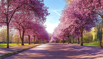 Naklejka premium Alleyway of blooming colorful japanese cherry trees (Prunus serrulata 'Kanzan') in Rombergpark garden in Dortmund on a sunny April morning. Panorama with vibrant pink flowering trees in perfect rows, 