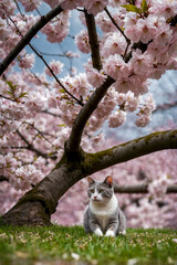 Portrait of a gray cat on a green lawn under a blossoming sakura, vertical poster about the transience of spring and the magnificent blossoming of life in the petals of a Japanese cherry tree