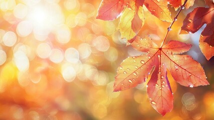 Fototapeta premium Autumn leaves with water droplets, backlit by sunlight, bokeh background.