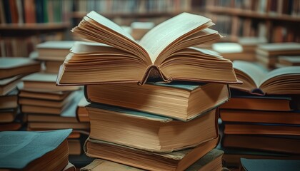 Obraz premium Pile of open books stacked against a vibrant educational backdrop, books with detailed pages, scattered learning materials, warm, inviting atmosphere, ultrarealistic, 8K clarity