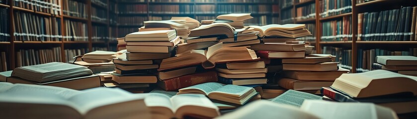 Pile of open books with detailed pages, study tools, and learning materials scattered around, academic backdrop with bookshelves, soft lighting, highresolution, 16K detail