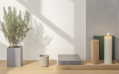 Modern minimalist decor featuring natural elements and soft lighting in a serene setting