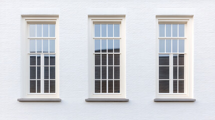 Fototapeta premium Three windows in a white brick wall, providing architectural detail and a sense of light and space. The symmetrical arrangement adds to its visual appeal.