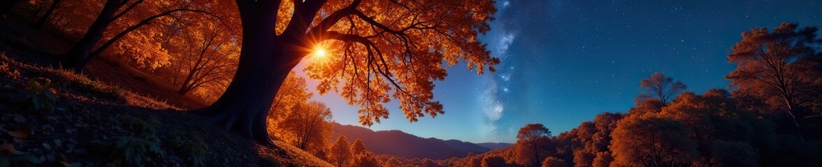 Fototapeta premium Dazzling stars shining through the branches of a majestic tree in autumn forest, starry skies, fall foliage