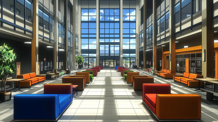Bright and Spacious Modern Lobby with Colorful Seating Arrangements and Panoramic Windows Showcasing Natural Light and Open Architecture