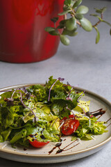 Fresh green salad with cherry tomatoes, arugula and olive oil