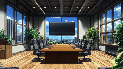 Naklejka premium Modern conference room interior design with large windows, city skyline views, and stylish office furniture for professional meetings and presentations
