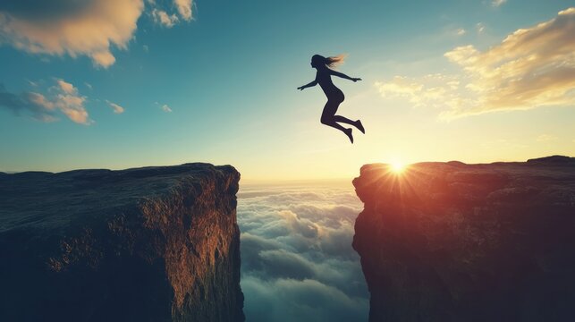 A woman taking a daring leap over a wide gap in an urban environment, showcasing courage and risk-taking.