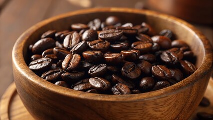 Roasted Coffee Beans in Wooden Bowl