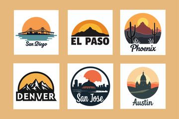 Southwest USA City Skylines Vector Art: El Paso, Phoenix, Denver, San Jose, Austin