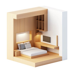 Fototapeta premium 3D isometric view of modern minimalist bedroom with wooden furniture, built-in shelves, cozy bed, wall-mounted TV, warm tones, and clean lines. Isolated on transparent background, png.