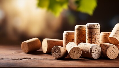 close up photograph of wine corks on a wooden table with a copy space image
