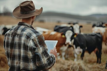 Cattleman Holding Tablet and Observing Domestic Animals for Milk Production