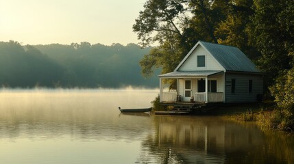 Fototapeta premium Lakeside Cabin Retreat on a Foggy Morning with Water Reflections