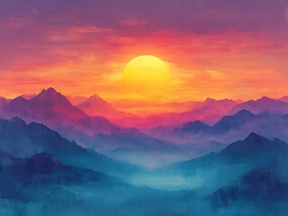 Vibrant sunset paints majestic mountains in warm hues. AI Generated