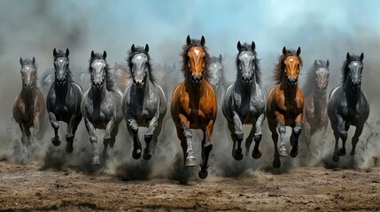 Naklejka premium Herd of wild horses galloping out of the screen in a burst of dust and pixels