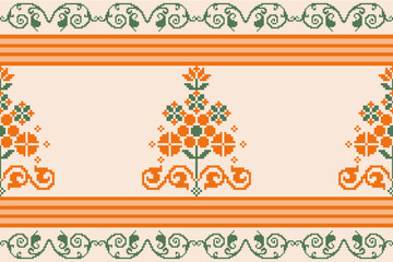 Traditional cross stitch needlework Geometric ethnic pattern . pixel horizontal Seamless vector Native ethnic pattern cross stitch border fabric clothing textile knitwear print texture