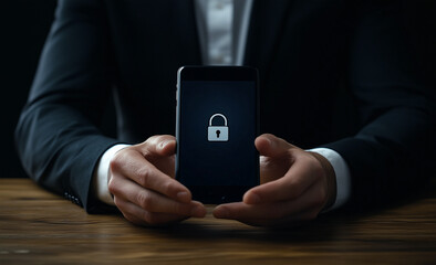 Businessman Holding Smartphone Displaying Security Lock Icon Data Protection Concept