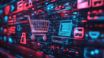 Digital Shopping Cart over Abstract Technological Background