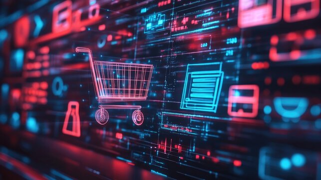 Digital Shopping Cart over Abstract Technological Background