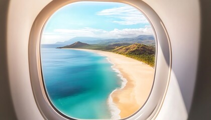 Fototapeta premium Beautiful view of a tropical beach from the airplane window. - Summer vacation concept. ,