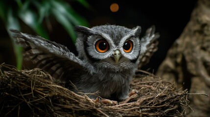 Naklejka premium A young owl perched in a nest, showcasing its large eyes and wings in a dimly lit forest setting