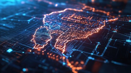 Abstract Digital Map Illustration with Glowing Lights and Data Flow