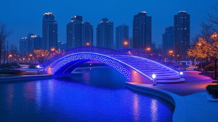 Illuminated bridge at night, city skyline backdrop