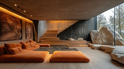 Sophisticated attic design with minimalist, surrealist natural materials
