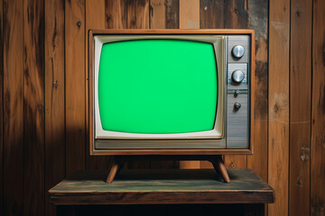 Retro TV with Green Screen. Vintage television with green screen in a rustic setting, ideal for retro-themed designs and nostalgic content.