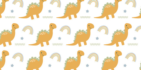 childish pattern with cute dinosaurs seamless pattern for backgrounds, presentations, wrapping papers, prints, artworks. Vector illustration
