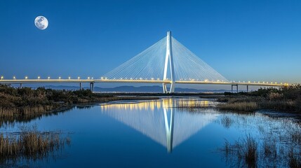 Obraz premium Illuminated bridge reflecting in calm water at night, full moon