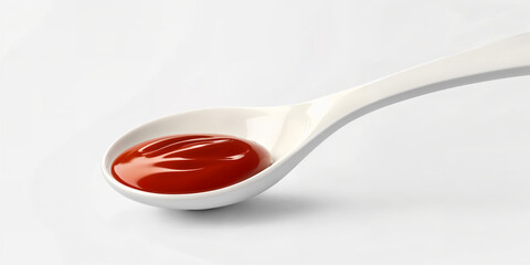 Spoon holding a vibrant red sauce on a neutral background showcasing culinary simplicity