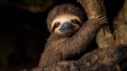 Fototapeta premium A cute sloth clinging to a tree branch, surrounded by lush greenery in a serene forest setting