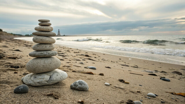 perfectly balanced stack of smooth stones on sandy beach, with gentle waves and distant lighthouse. serene atmosphere evokes sense of calm and tranquility