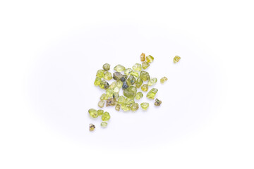 gravel chips Polished green peridot stacks top view isolated on white background