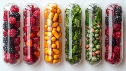 Oversized softgel vitamins with fresh fruits and vegetables on a white background