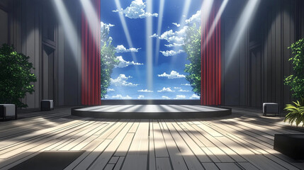 Beautiful empty stage with bright sunlight, clouds, and vibrant red curtains in an indoor setting, perfect for theater and performance imagery