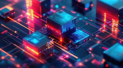 Futuristic Circuit Board with Colorful Light Effects and Chips