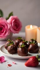 Chocolate-covered strawberries on a plate with a few candles and fresh flowers in the background, chocolates, elegant