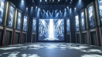 Modern exhibition space with large screen display, vibrant lighting, and immersive wall presentations showcasing natural landscape imagery for events