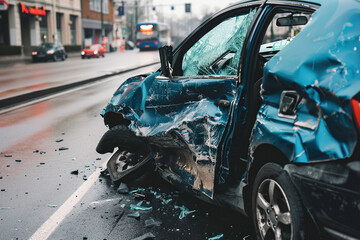 Collision of vehicles involved in major accident on city road with major damage, abstract vivid composition consists of fictional unreal fantastic vision on background