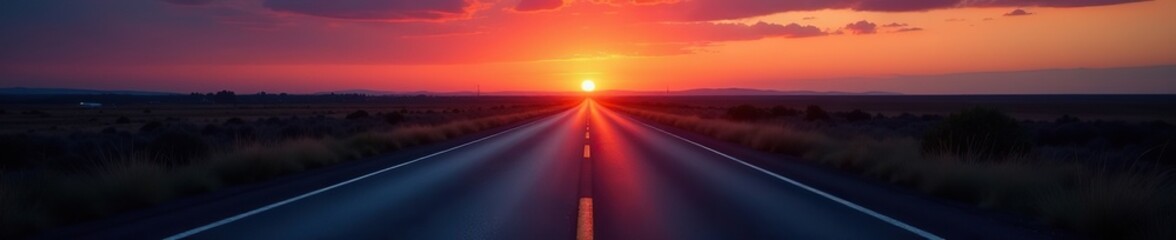 Dark asphalt road stretching into the distance at sunset, distant, twilight, dusk