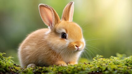 Fototapeta premium Adorable Baby Bunny in Lush Forest Moss. Possible use Children's book illustration, educational materials