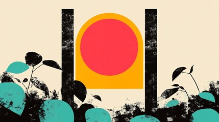 Obraz premium Bold geometric sun rises over stylized foliage vibrant color palette. AI Generated