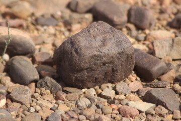 A close-up view of a black stone on the ground